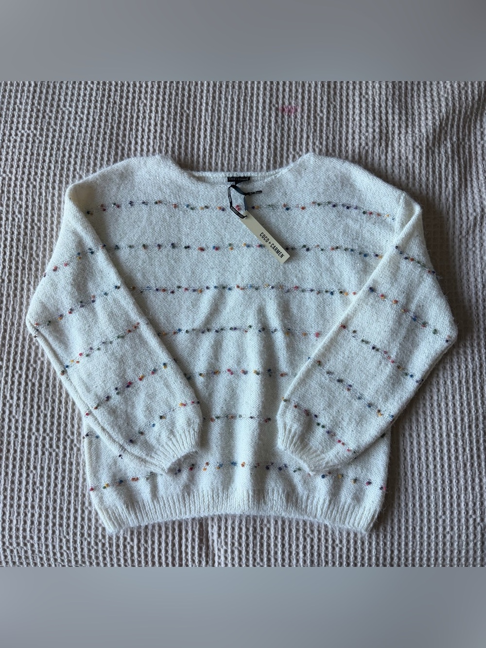 Coco + Carmen White Confetti Stitch Knit Crewneck Sweater NWT